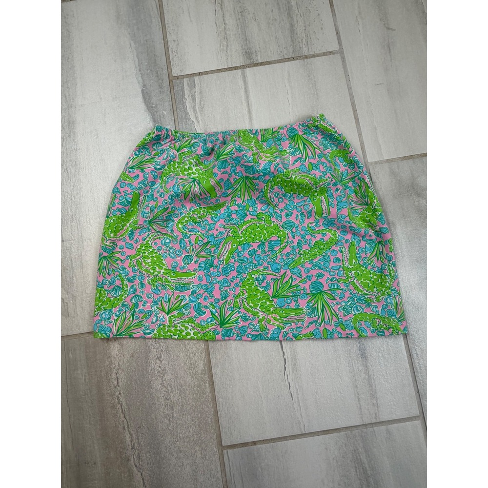 Lilly Pulitzer White Label See Ya Later Gator Pink Green Elastic Waist Skirt S